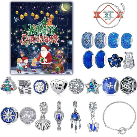 spread out of the Starry Sky Blue Christmas Countdown Advent Calendar DIY Charm Bracelet Set, including 22 charms and 2 bracelets, and the package