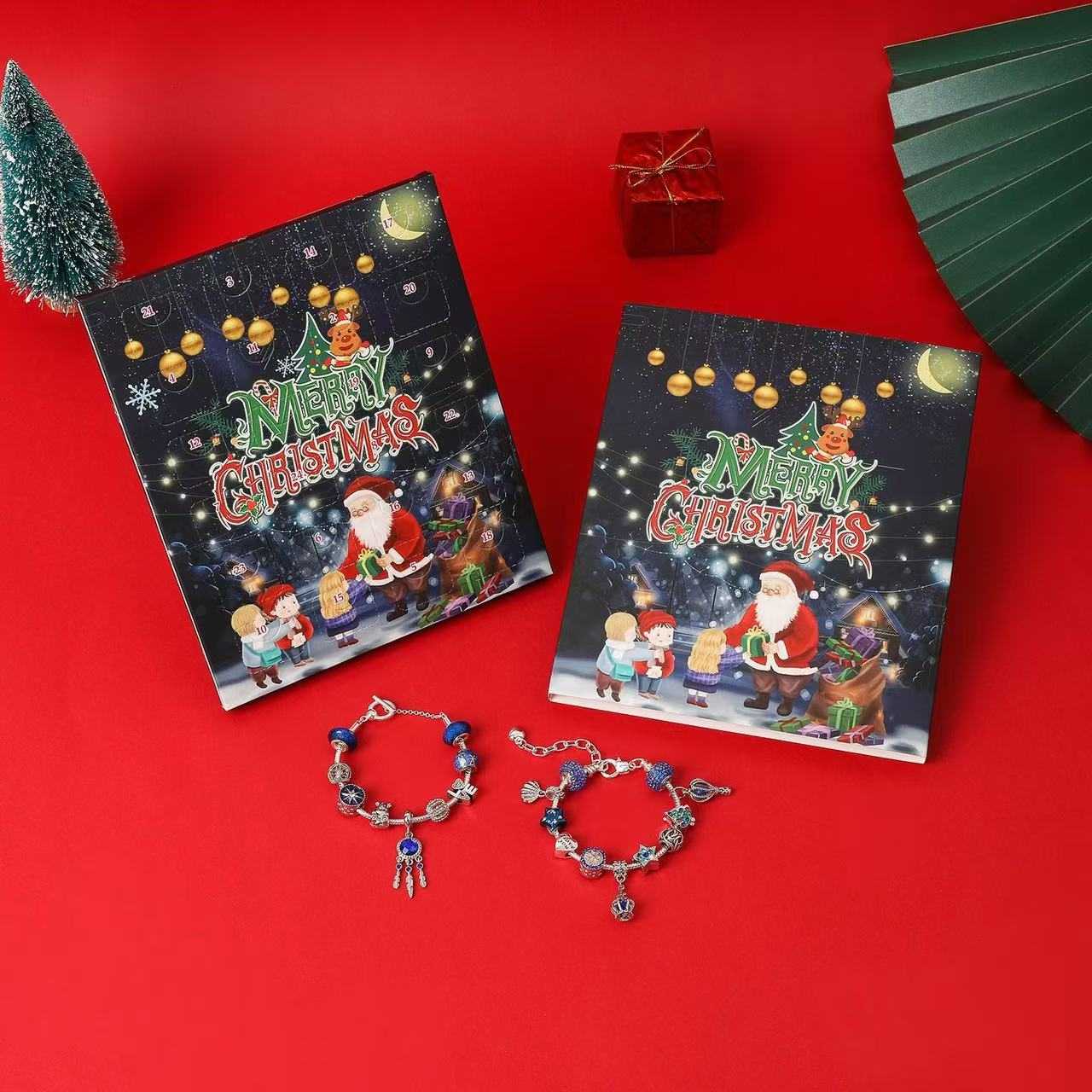 image displaying the package and finished bracelets of Starry Sky Blue Christmas Countdown Advent Calendar DIY Charm Bracelet Set