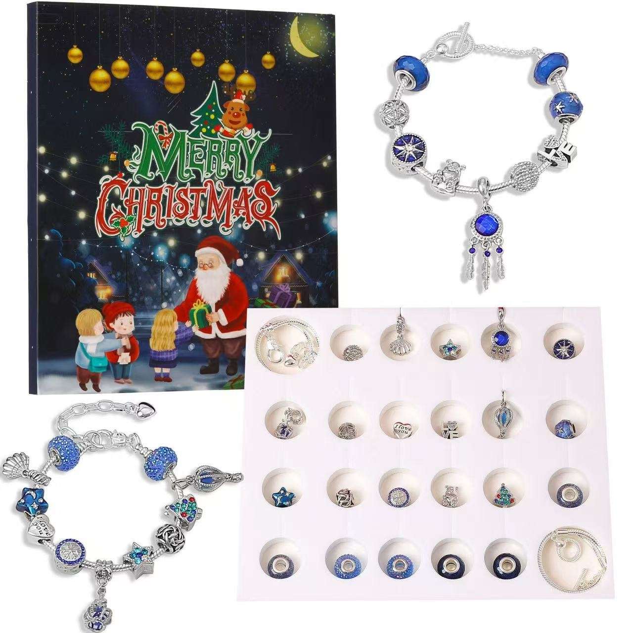 spread out of the Starry Sky Blue Christmas Countdown Advent Calendar DIY Charm Bracelet Set, including 22 charms and 2 finished bracelets, and the package