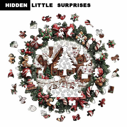 Christmas Cabin Wreath Wooden Jigsaw Puzzle