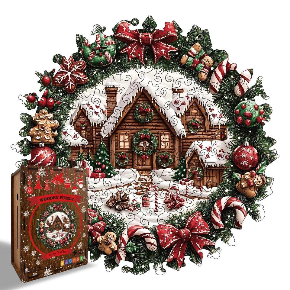 Christmas Cabin Wreath Wooden Jigsaw Puzzle