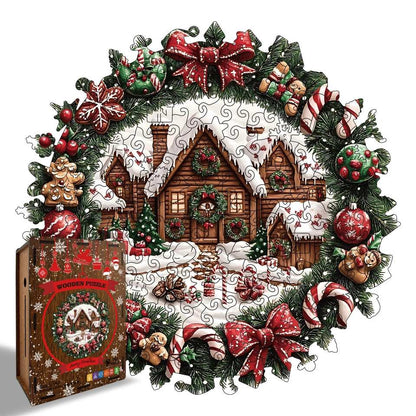 Christmas Cabin Wreath Wooden Jigsaw Puzzle