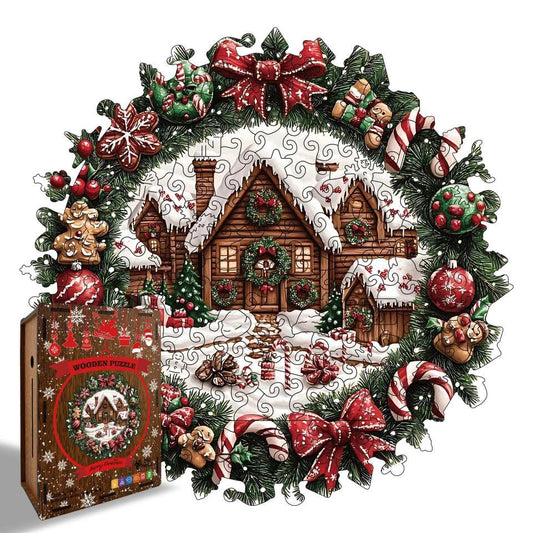 Christmas Cabin Wreath Wooden Jigsaw Puzzle