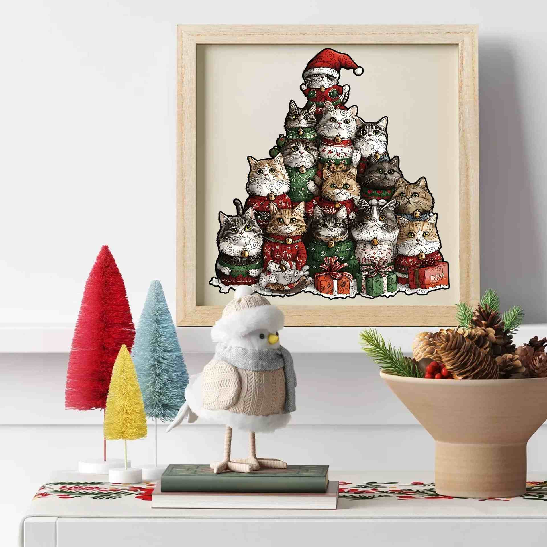 Christmas Cat Tree Wooden Puzzle - Cats in Sweaters Holiday Jigsaw
