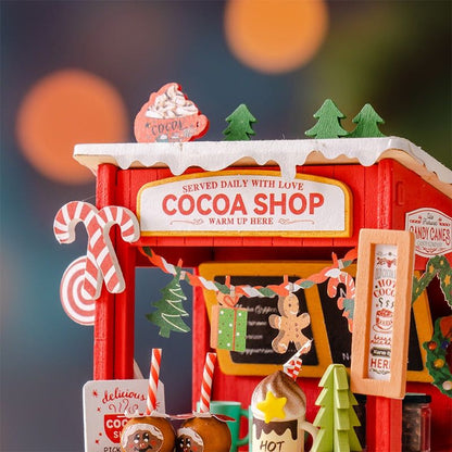 close up the assembled Christmas Cocoa Shop DIY Miniature House Kit