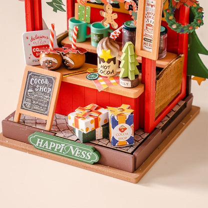 close up the assembled Christmas Cocoa Shop DIY Miniature House Kit