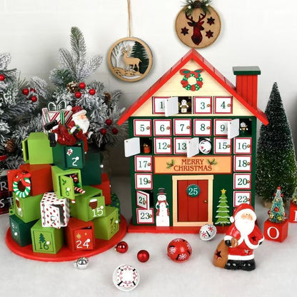 Red Christmas Countdown Wooden Advent Calendar in design of House Shape