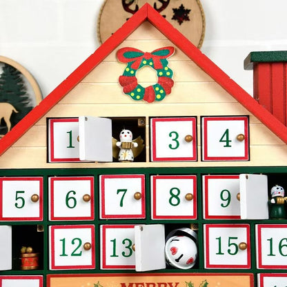 close up Red Christmas Countdown Wooden Advent Calendar in design of House Shape