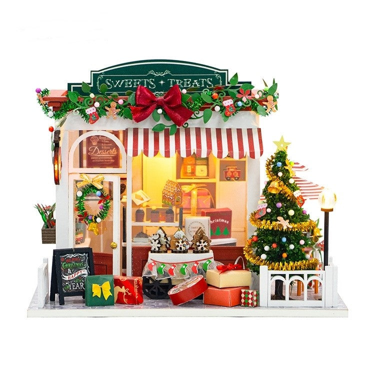 image showing the front side view of Christmas Dessert Shop DIY Miniature House Kit in a white background