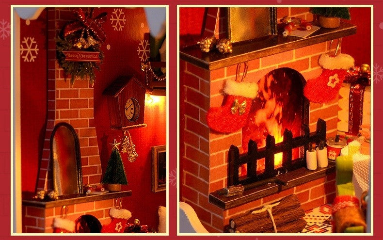 miniature fireplace and wall decoration in the finished Christmas Diary DIY Book Nook Kit