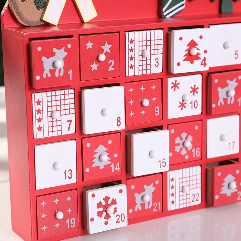 close up Christmas Elk Wooden Advent Calendar Countdown with 24 drawers