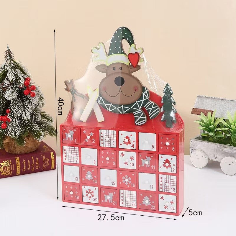 Christmas Elk Wooden Advent Calendar Countdown with 24 drawers with protection film packaging and sizes marked on the picture