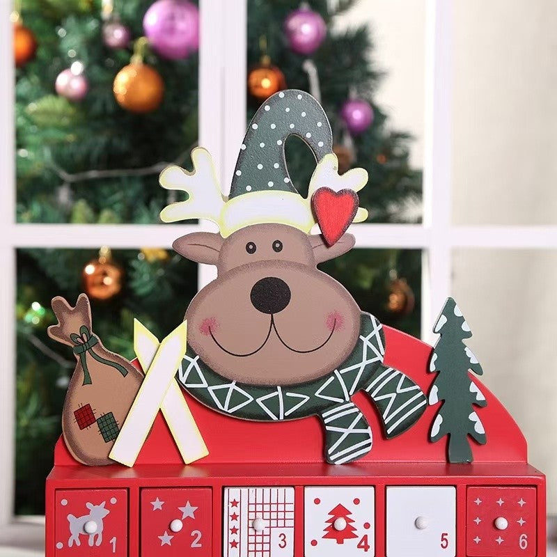 close up Christmas Elk Wooden Advent Calendar Countdown with 24 drawers