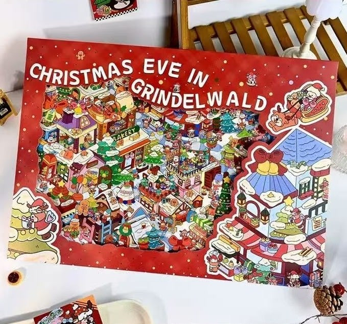 3D Miniature Scene Sticker with 'Christmas Eve in Grindelwald' design on a white surface.