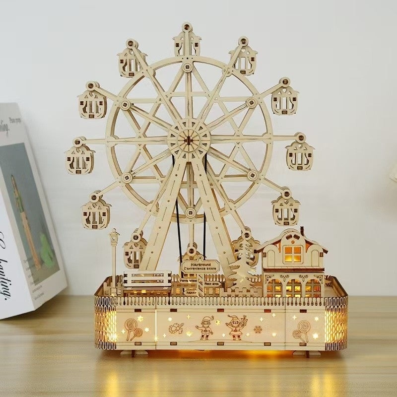 A pre-lit assembled Christmas Ferris Wheel DIY 3D Wooden Puzzles