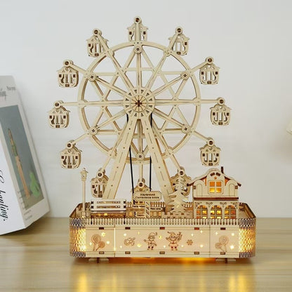 A pre-lit assembled Christmas Ferris Wheel DIY 3D Wooden Puzzles