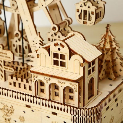 close- up of an assembled Christmas Ferris Wheel DIY 3D Wooden Puzzles