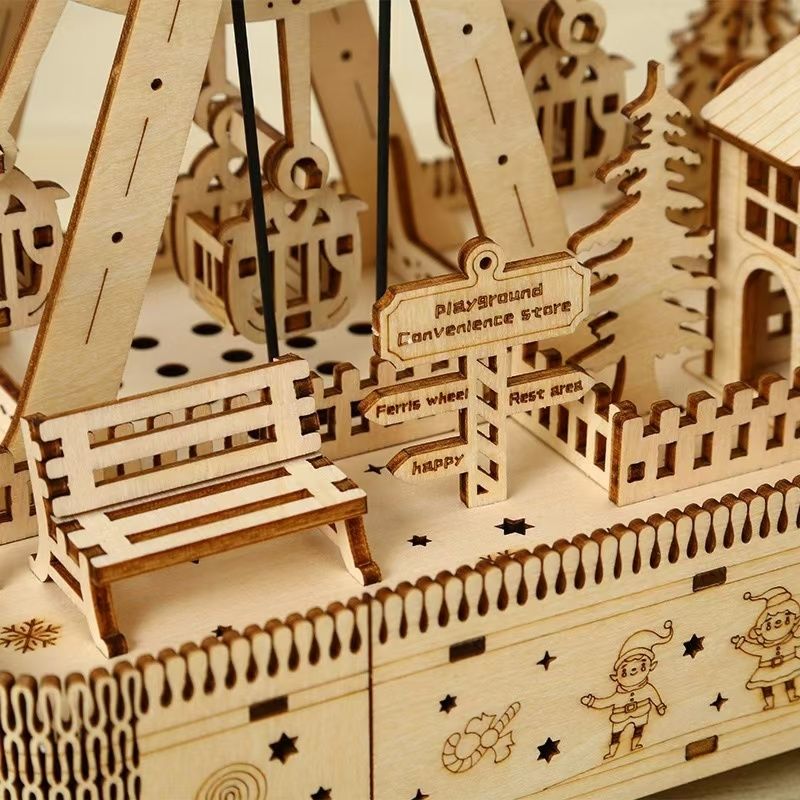 close- up of an assembled Christmas Ferris Wheel DIY 3D Wooden Puzzles