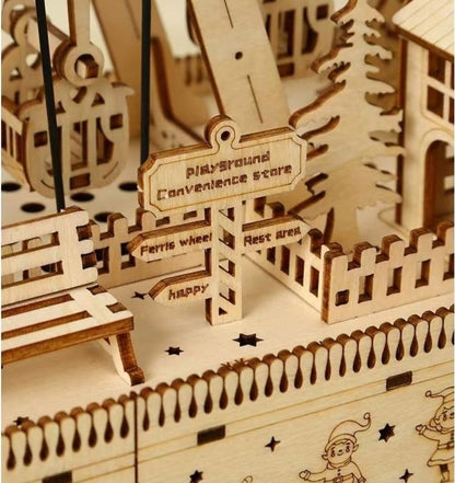 close- up of an assembled Christmas Ferris Wheel DIY 3D Wooden Puzzles