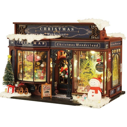 image displaying the finished Christmas Gift Shop DIY Miniature House Kit in white background