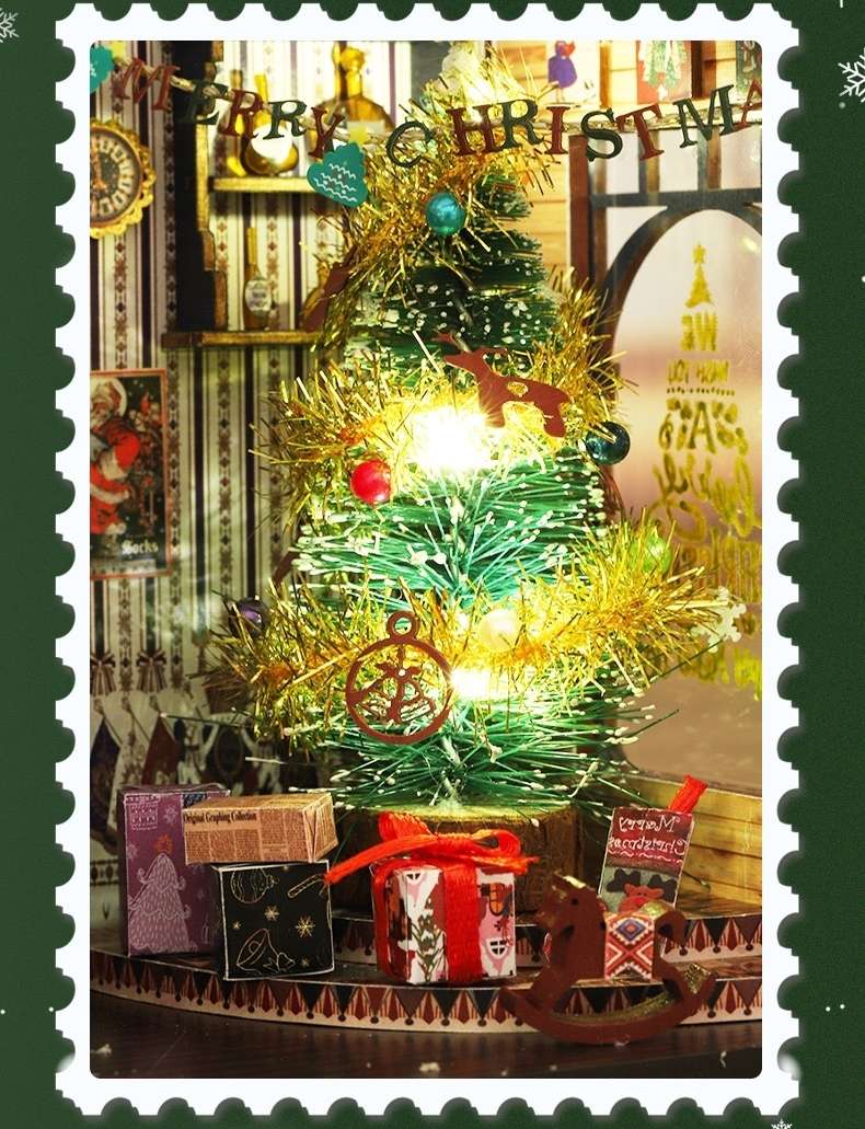 image displaying the miniature Christmas Tree in the finished Christmas Gift Shop DIY Miniature House Kit