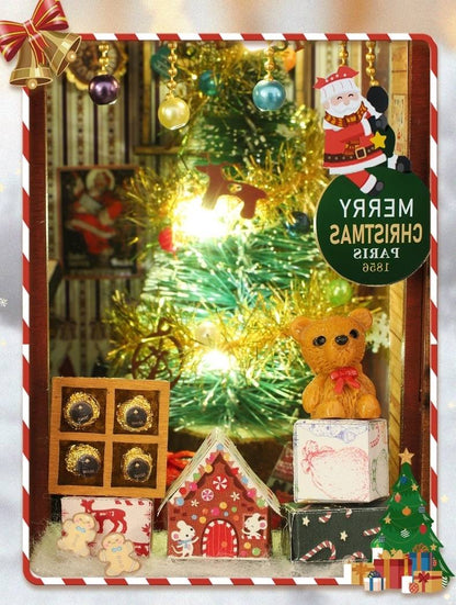 image displaying the miniature Christmas tree and gifts in Christmas Gift Shop DIY Miniature House Kit