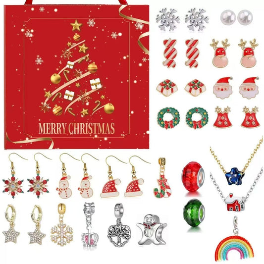 Collection of Christmas-themed jewelry and decorative items including earrings, necklaces, and a red gift bag with Christmas design.