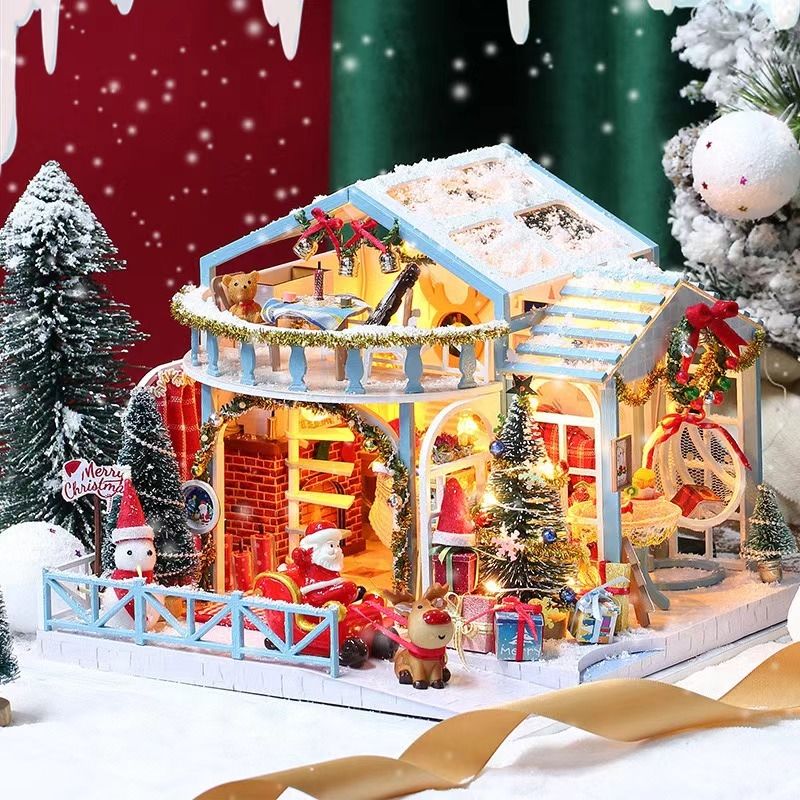 Snowy Christmas Night DIY Miniature House Kit, a medium-sized Christmas cottage with warm light