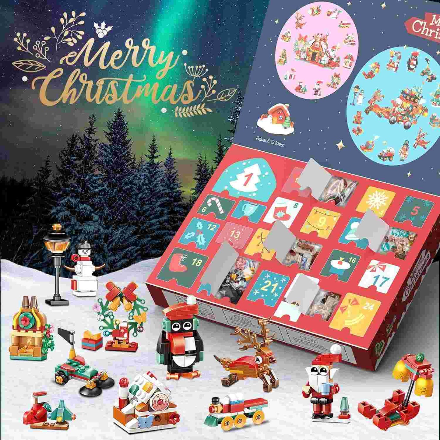 image displaying the mini miniature models of Christmas Sleigh Advent Calendar Building Blocks Set 24 days Countdown Toy