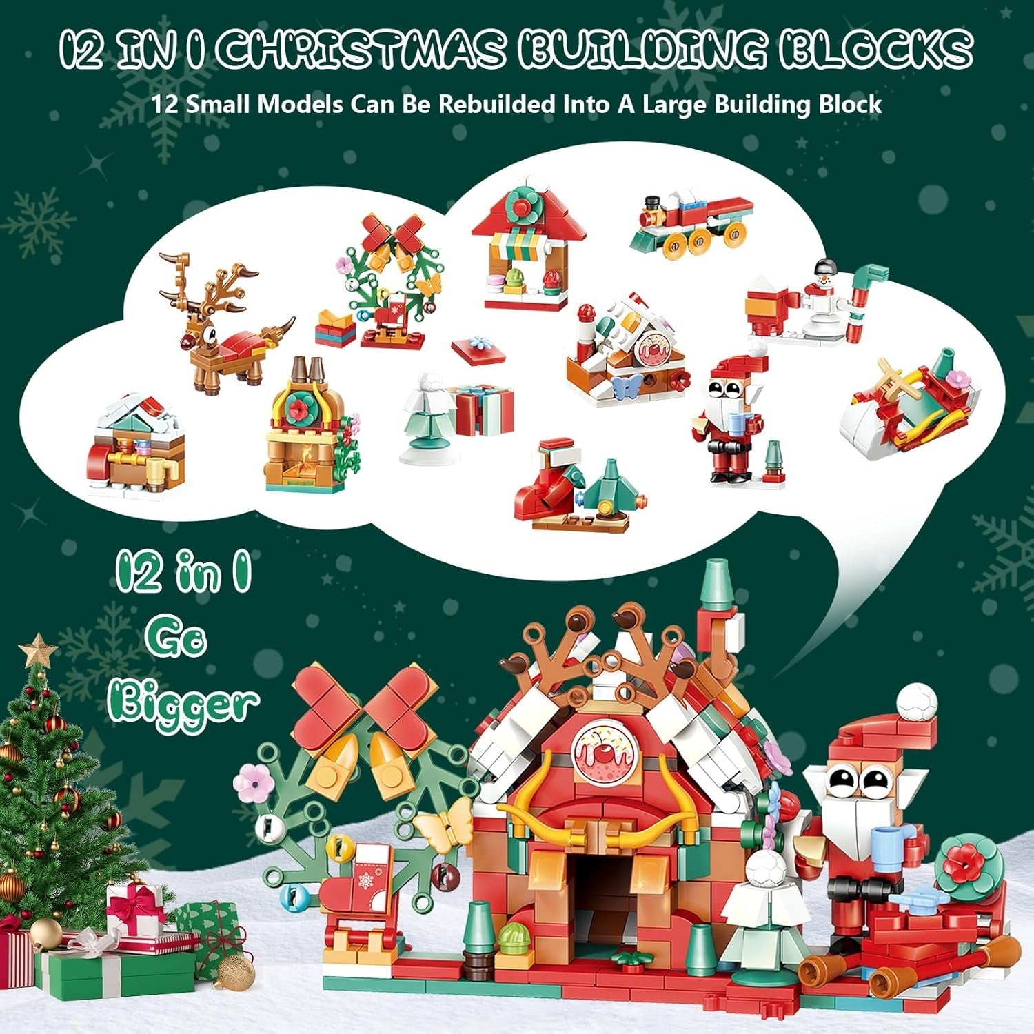 image displaying each 12 mini models of Christmas Sleigh Advent Calendar Building Blocks Set 24 days Countdown Toy could assemble a bigger Cottage model