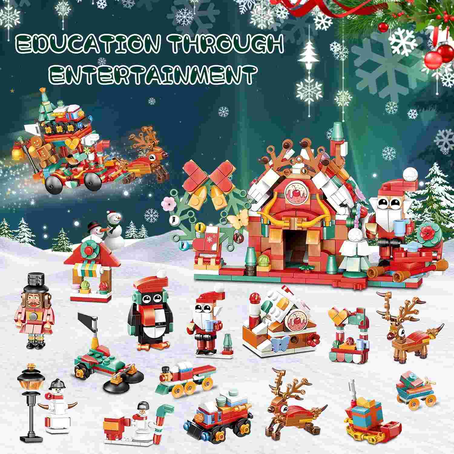 image displaying all the mini models of Christmas Sleigh Advent Calendar Building Blocks Set 24 days Countdown Toy