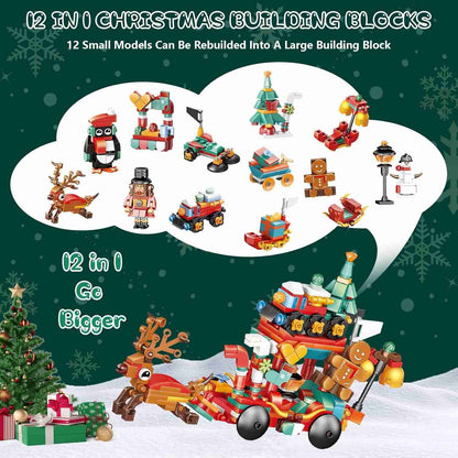 image displaying each 12 mini models of Christmas Sleigh Advent Calendar Building Blocks Set 24 days Countdown Toy could assemble a bigger Sleigh model