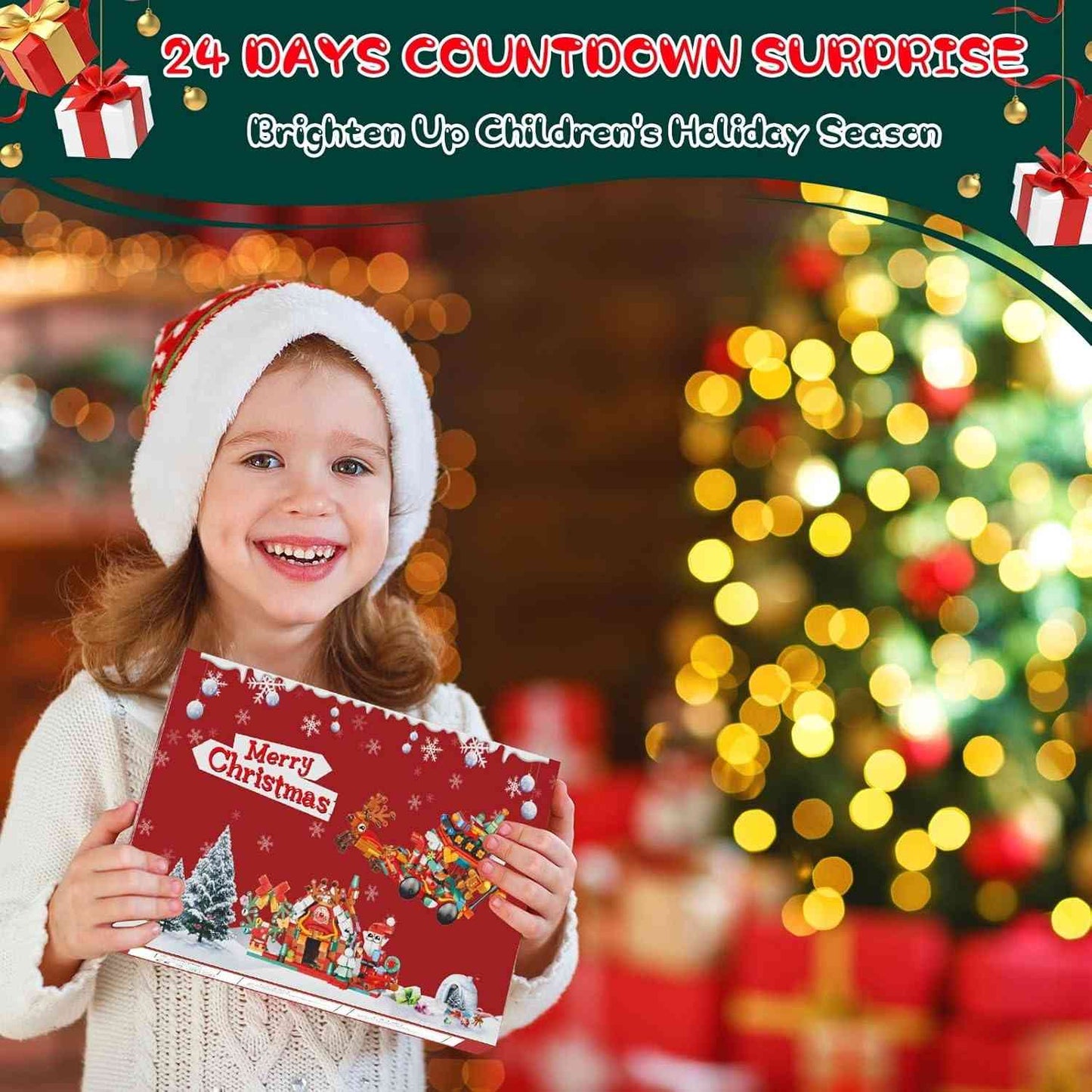 image displaying a girl holding the Christmas Sleigh Advent Calendar Building Blocks Set 24 days Countdown Toy with hands happily