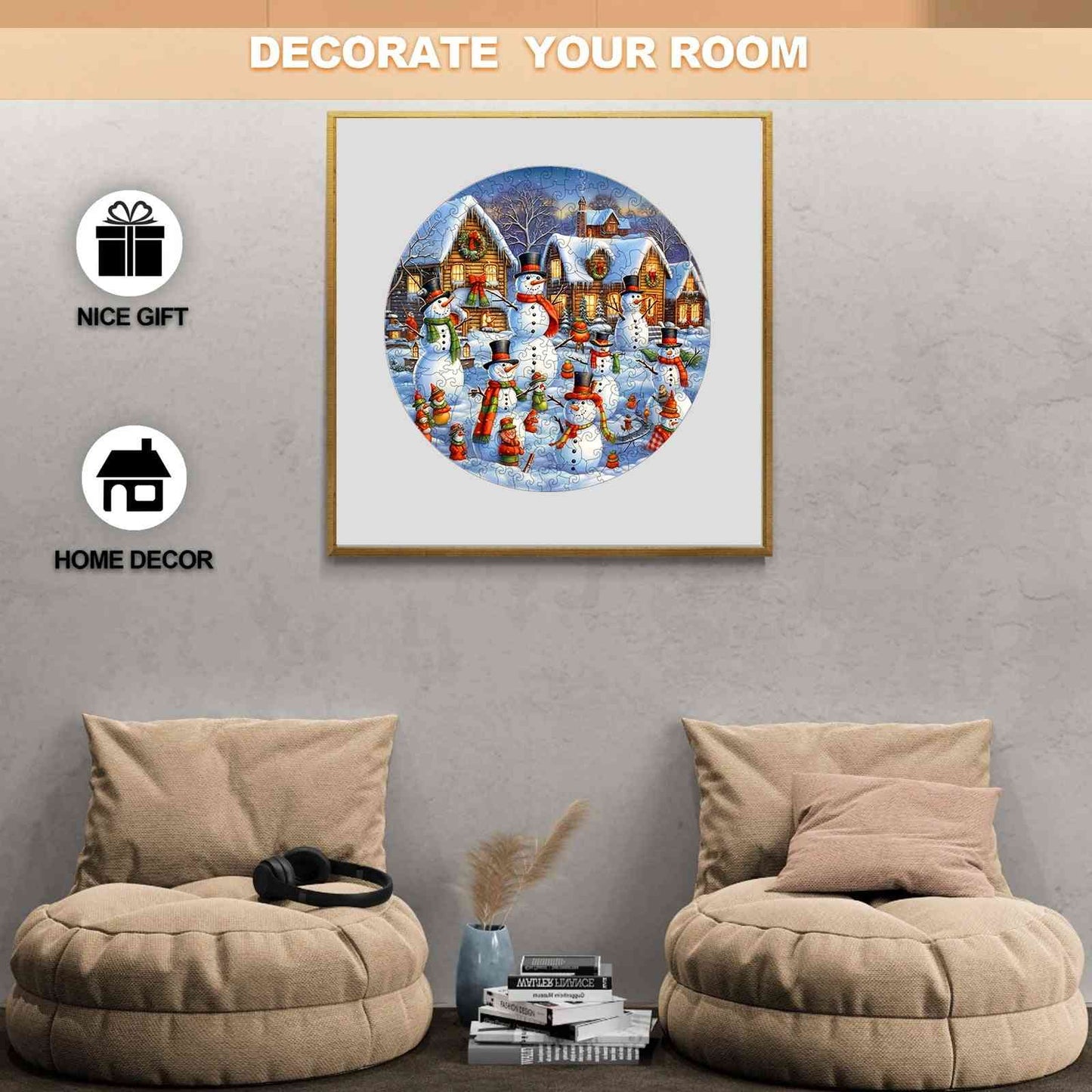 an assembled Christmas Snowman Homestead Wooden Animal Puzzle on the wall as a decoration