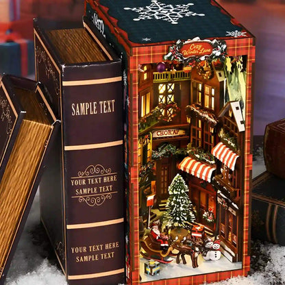 Decorative book nook with a festive village scene