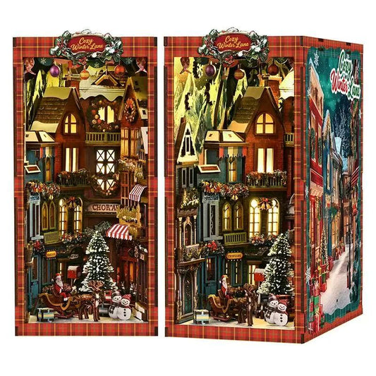 Christmas street scene in a wooden book nook
