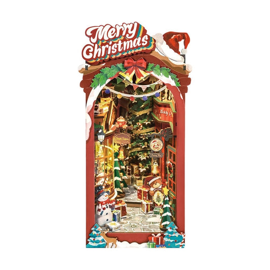 image displaying a finished Christmas Street DIY Book Nook Kit in white background