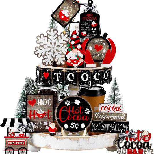 18 PCS Hot Cocoa Christmas Tiered Tray Decor Set