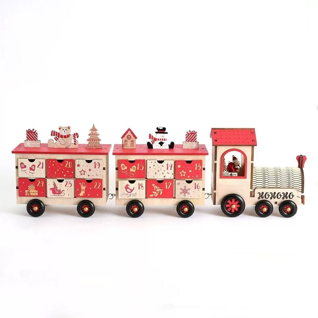 Christmas Train Wooden Advent Calendar, Featuring 24 unique drawers, natural wood design, and reusable functionality, it’s perfect as Christmas table decor.