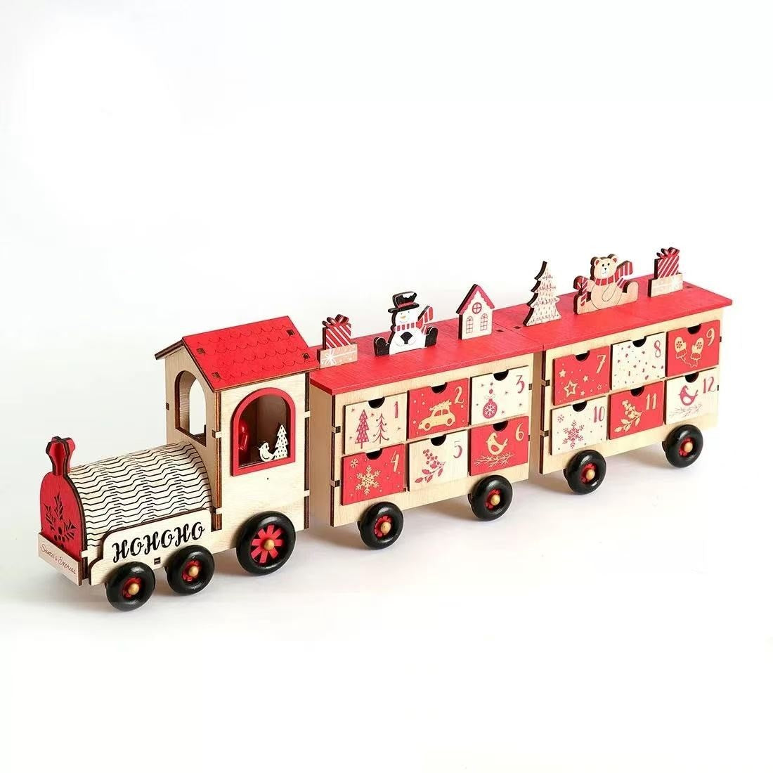 Christmas Train Wooden Advent Calendar, Featuring 24 unique drawers, natural wood design, and reusable functionality, it’s perfect as Christmas table decor.