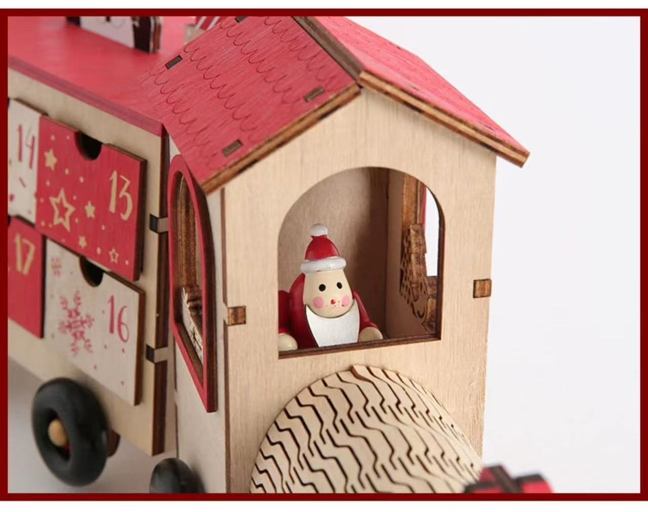 Christmas Train Wooden Advent Calendar, Featuring 24 unique drawers, natural wood design, and reusable functionality, it’s perfect as Christmas table decor.