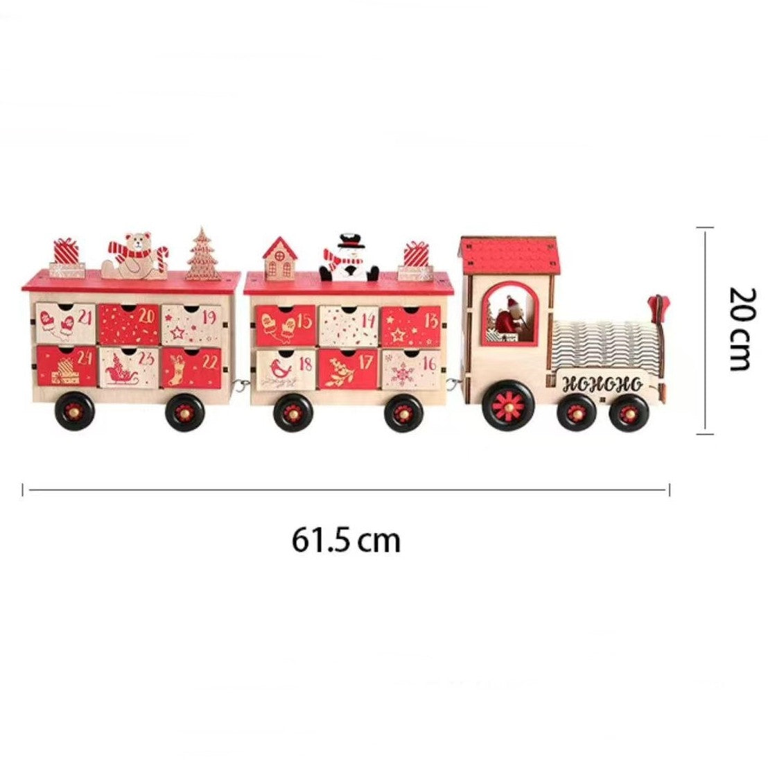 Christmas Train Wooden Advent Calendar, Featuring 24 unique drawers, natural wood design, and reusable functionality, it’s perfect as Christmas table decor.