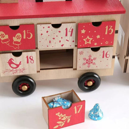 Christmas Train Wooden Advent Calendar, Featuring 24 unique drawers, natural wood design, and reusable functionality, it’s perfect as Christmas table decor.