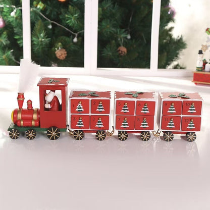 red Christmas Train Wooden Advent Calendar Countdown with 24 drawers