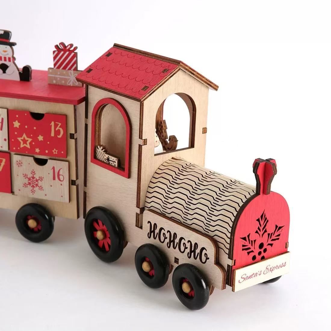 Christmas Train Wooden Advent Calendar, Featuring 24 unique drawers, natural wood design, and reusable functionality, it’s perfect as Christmas table decor.