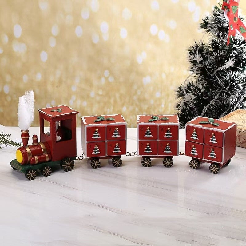 red Christmas Train Wooden Advent Calendar Countdown with 24 drawers