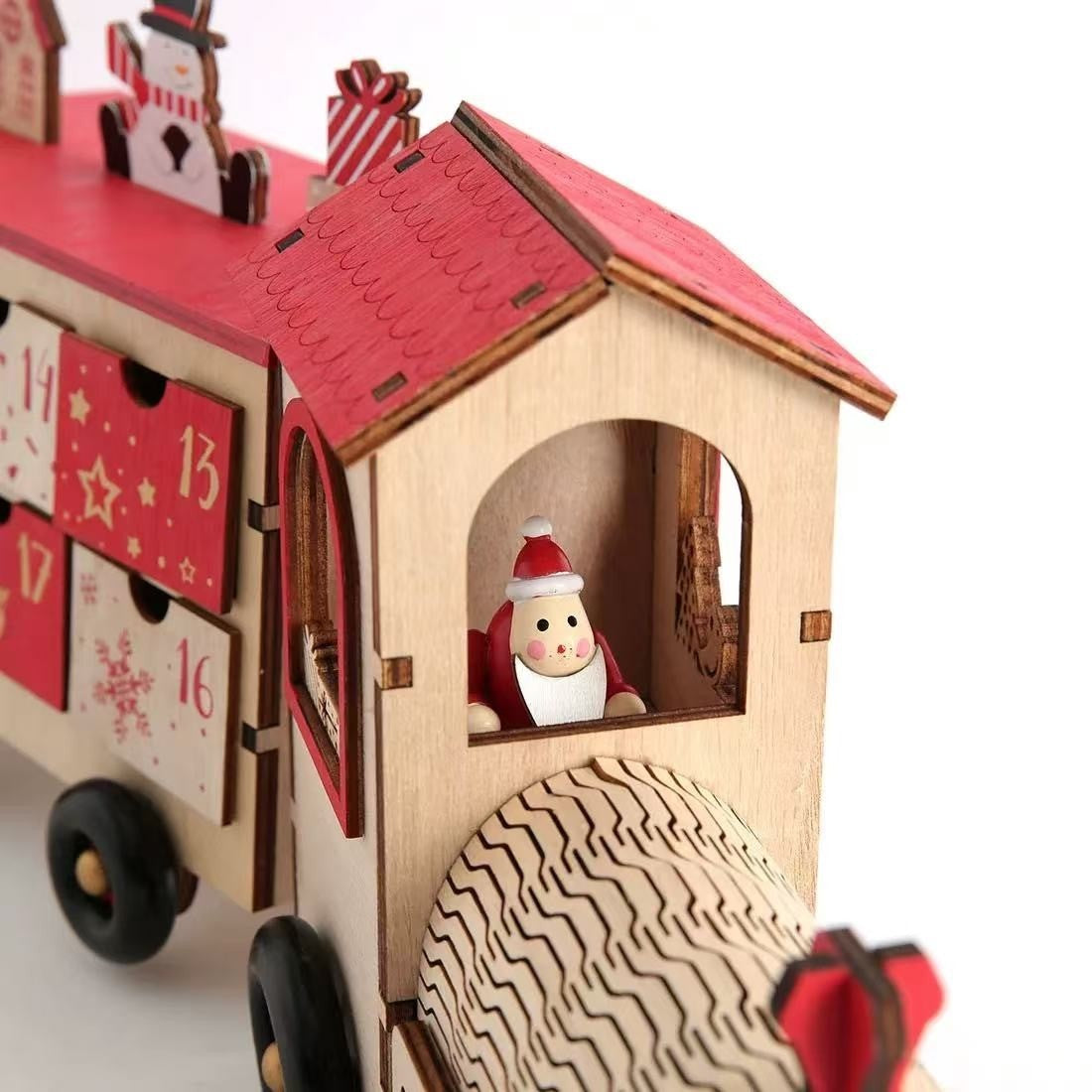 Christmas Train Wooden Advent Calendar, Featuring 24 unique drawers, natural wood design, and reusable functionality, it’s perfect as Christmas table decor.