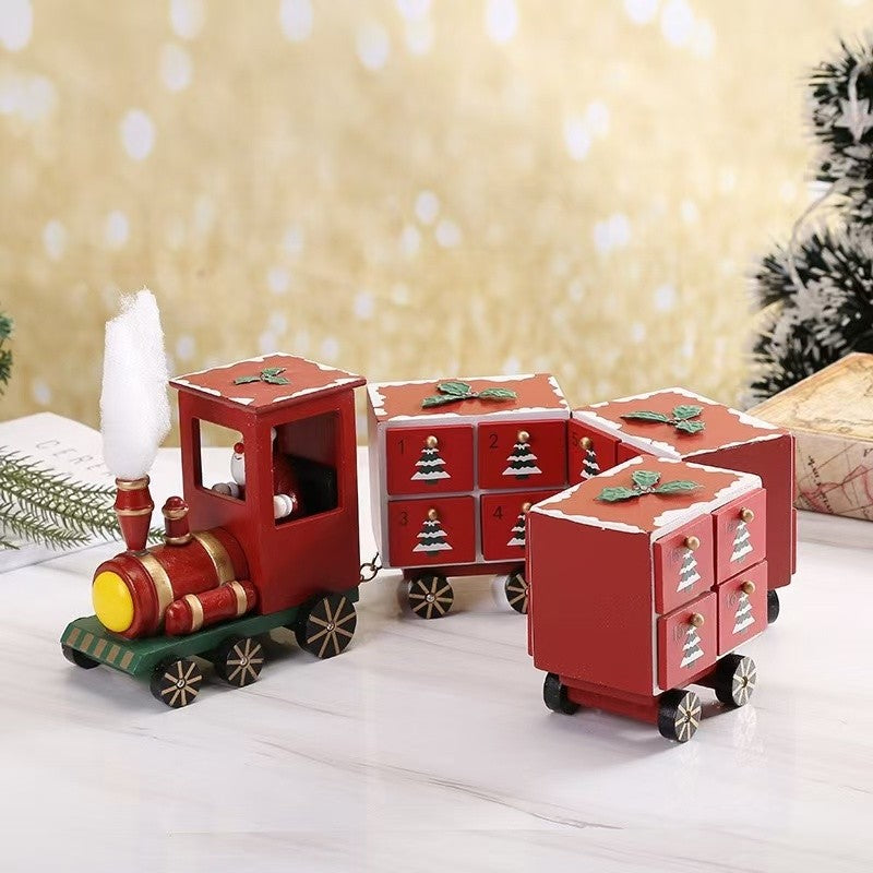 red Christmas Train Wooden Advent Calendar Countdown with 24 drawers