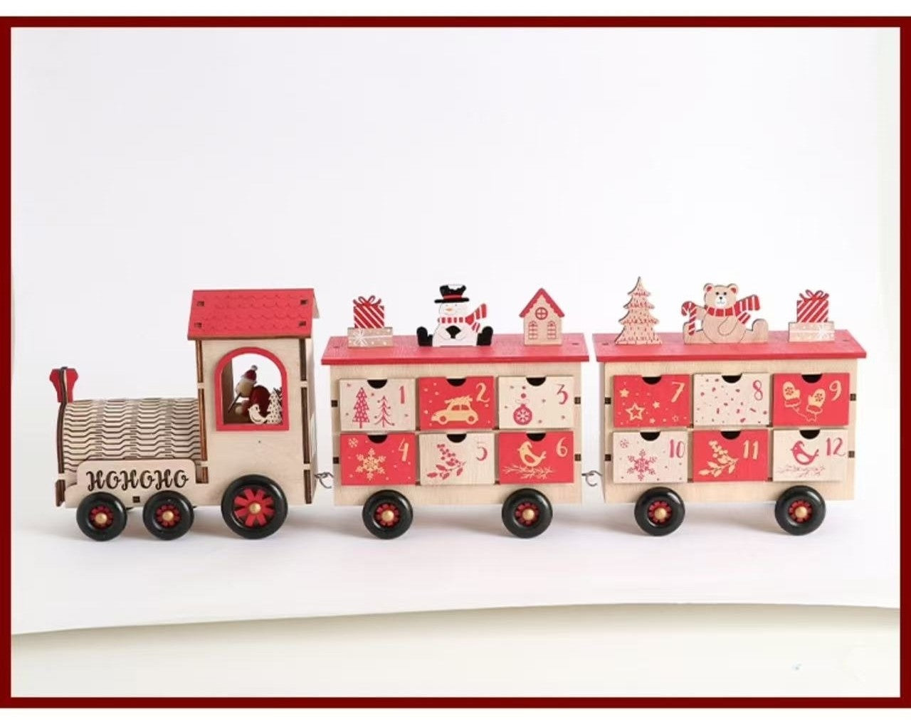 Christmas Train Wooden Advent Calendar, Featuring 24 unique drawers, natural wood design, and reusable functionality, it’s perfect as Christmas table decor.