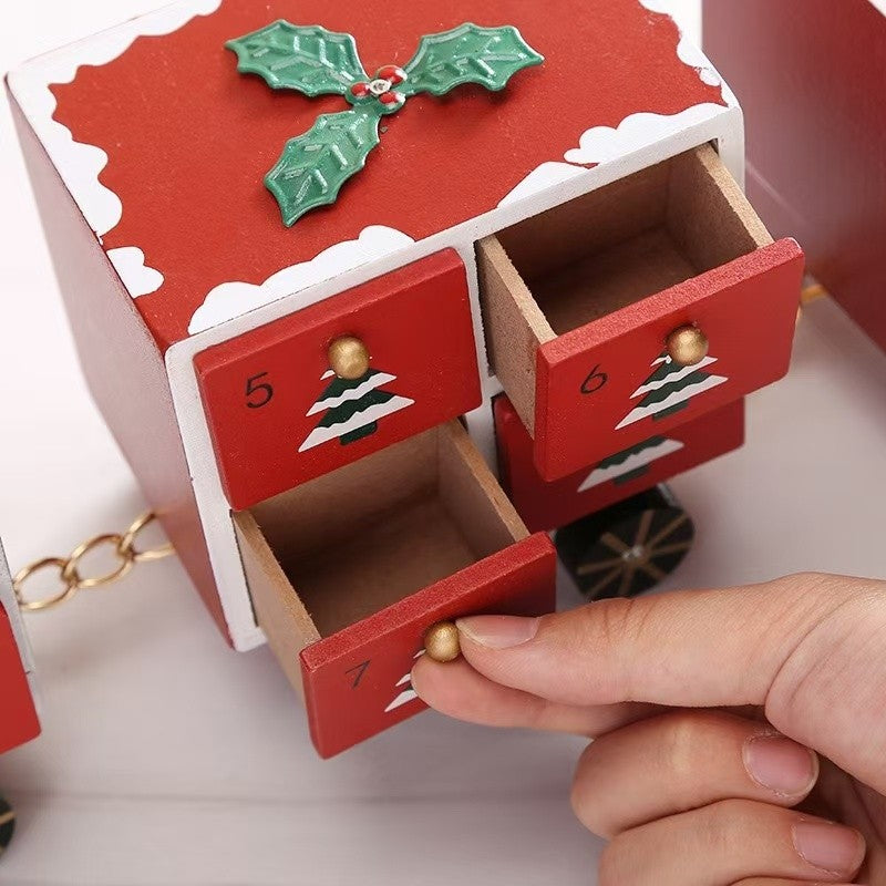 red Christmas Train Wooden Advent Calendar Countdown with 24 drawers